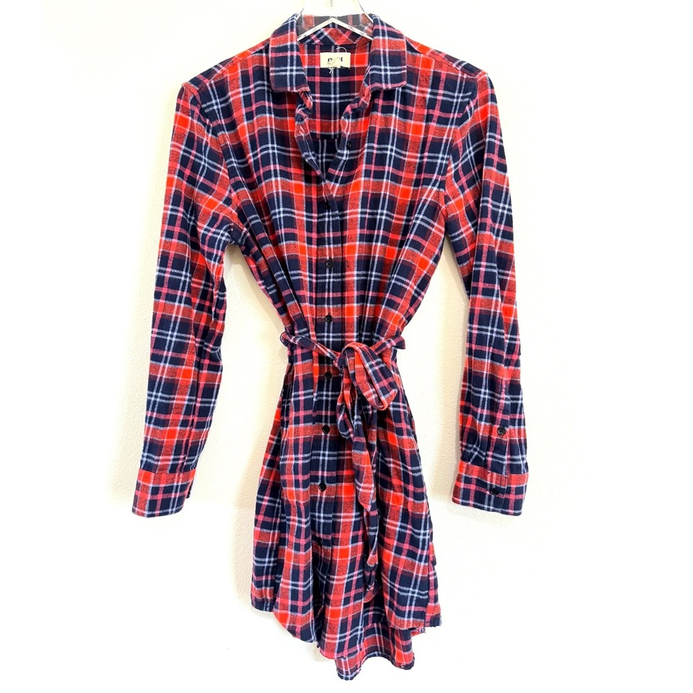 Pact | Organic Cotton Red Blue Flannel Shirt Dress Tie Waist